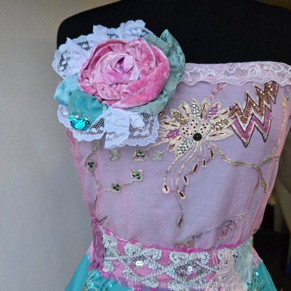 Handmade Tube Top Embroidered Sequins Flowers Vintage Romantic Blouse - Picture 9 of 13